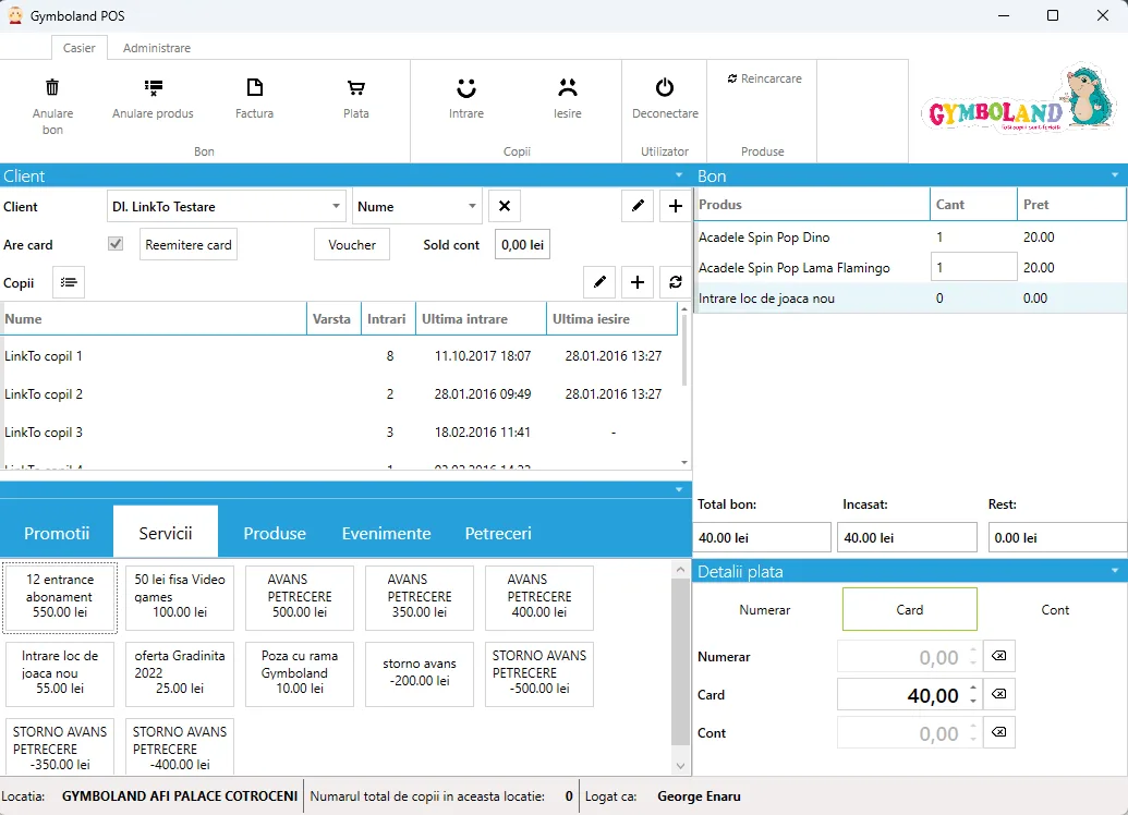 The point-of-sale application. On the left, a client record with the children registered to it and their entry and exit times; below, tiles for services and promotions such as entry passes and party deposits. On the right, the current receipt with its line items and the payment split between cash, card and account.