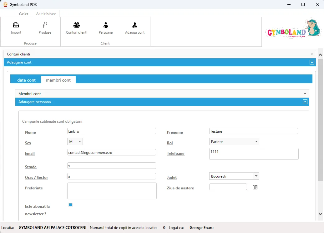 The client account form, adding a person to an account. Fields for surname, first name, sex, role, email, phone numbers, street, city, county, preferences, date of birth and a newsletter subscription checkbox.