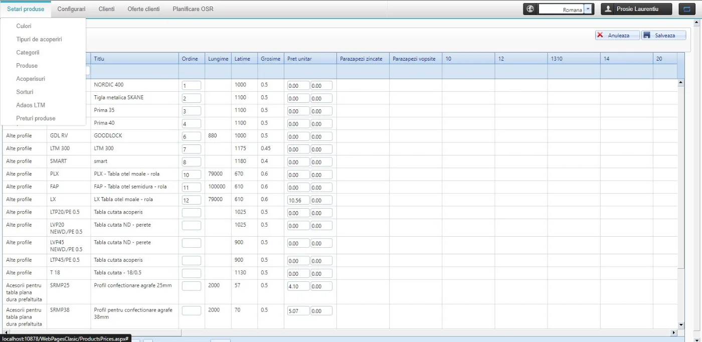 The product settings screen. A table of roofing products — Nordic 400, metal tile Skane, Prima 35, Goodlock and others — with editable columns for display order, length, width, thickness and unit price. An open menu on the left lists colours, coating types, categories, products, coatings, sorts and product prices.